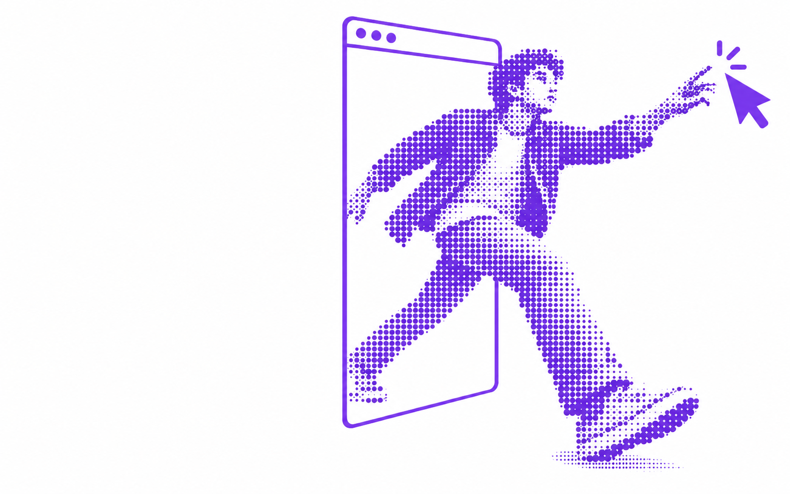 A single-color purple halftone figure stepping through a browser window