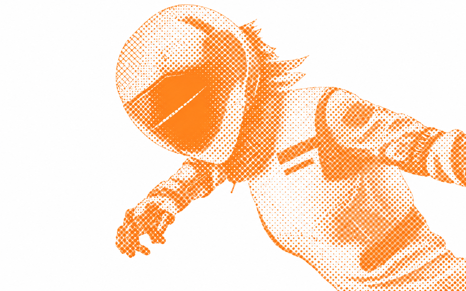 An orange single-ink halftone rider leaning into a new direction